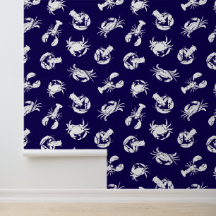 Crab and Lobster Navy Blue and White Seafood Wallpaper