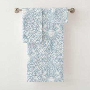Crab and sea weed, coastal summer in white and lig bath towel set
