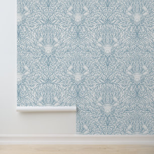 Crab and sea weed, coastal summer in white and lig wallpaper