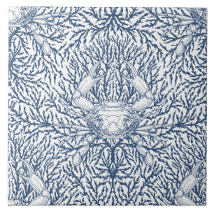 Crab and sea weed, coastal summer in white and nav ceramic tile
