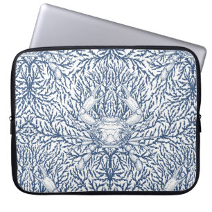 Crab and sea weed, coastal summer in white and nav laptop sleeve