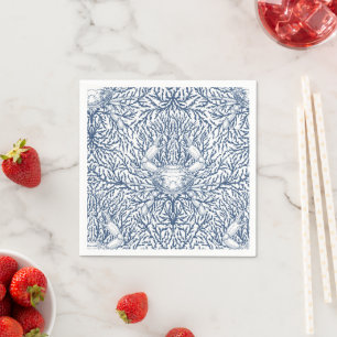 Crab and sea weed, coastal summer in white and nav napkin