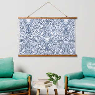 Crab and sea weed in white and navy hanging tapestry