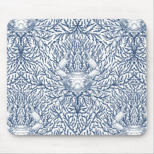 Crab and sea weed in white and navy mouse pad