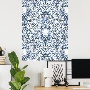 Crab and sea weed in white and navy poster