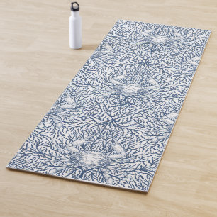 Crab and sea weed in white and navy yoga mat