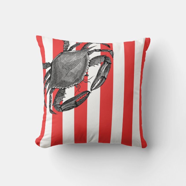 Crab Aquatic Animal Print Stripe Pillow (Front)