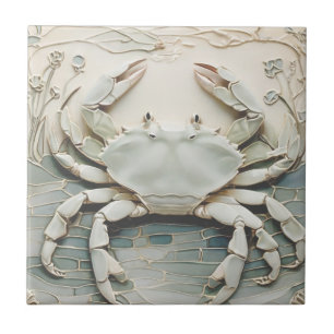 Crab Art Nouveau Faux Relief White & Mint Pastel Ceramic Tile