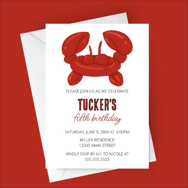 Crab Balloon Animal Birthday Party Invitation (Red Crab Balloon Animal Birthday Party Invitation)