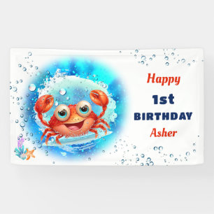 Crab Beach Pool Party Summer Boy 1st Birthday Banner