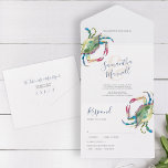 Crab Beach Wedding All In One Invitation Template<br><div class="desc">Plan your perfect beach wedding with this all-in-one trifold wedding invitation and RSVP card, inspired by beach wedding themes and designed for destination celebrations like a beach wedding in Myrtle Beach. Featuring my original watercolor crab in vibrant shades of red, blue, and green, this template allows you to fully customise...</div>