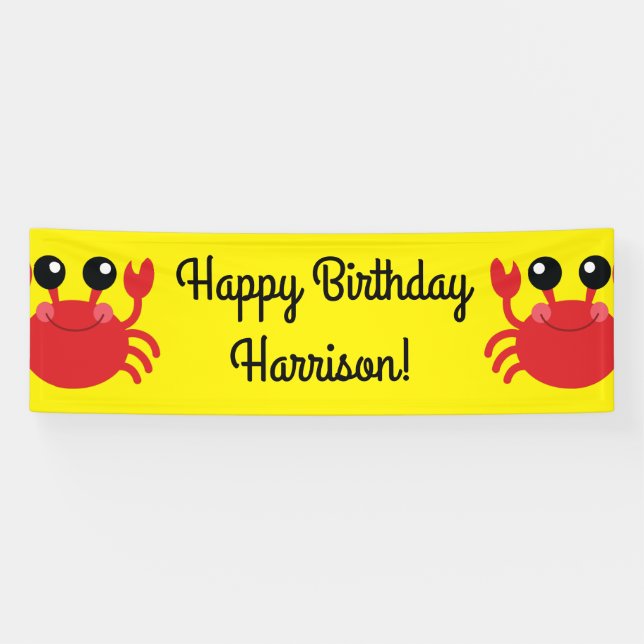 Crab Birthday Party Cute Cartoon Kids Banner (Horizontal)