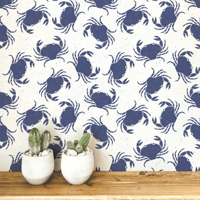 Crab Blue and White Coastal Pattern Wallpaper (Crab navy blue and white coastal themed wallpaper)