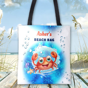 Crab Blue Boy Pool Beach Custom Name Tote Bag
