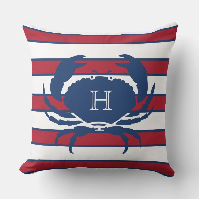 Crab Blue Navy Red White Nautical Modern Stripes  Cushion (Front)