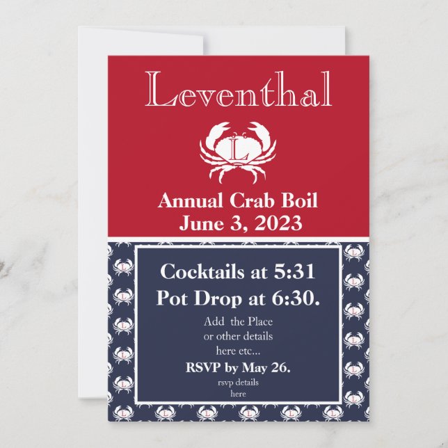 Crab Boil Invite Red Crab Navy Blue White Coastal (Front)
