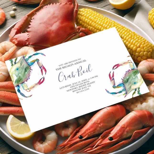 Crab Boil Summer Party Invitation (Seafood invitations feature watercolor blue crab art by Victoria Grigaliunas of Do Tell A Belle)