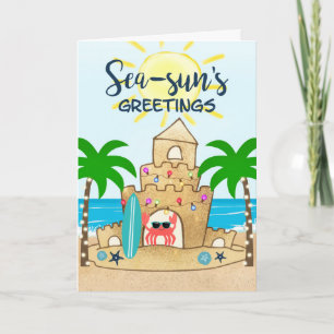 Crab Castle Tropical Beach Palm Tree Christmas Holiday Card