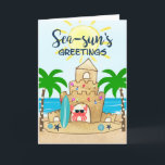 Crab Castle | Tropical Beach Palm Tree Christmas Holiday Card<br><div class="desc">Cute, tropical theme Christmas card features a happy crab in its sandcastle home on the beach with the sun and ocean waves in the background. The crab got up early and went surfing, then got in the holiday spirit and decorated the abode and palm trees with Christmas string lights. The...</div>