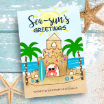 Crab Castle | Tropical Beach Palm Tree Christmas Holiday Card<br><div class="desc">Cute, tropical theme Christmas card features a happy crab in its sandcastle home on the beach with the sun and ocean waves in the background. The crab got up early and went surfing, then got in the holiday spirit and decorated the abode and palm trees with Christmas string lights. The...</div>