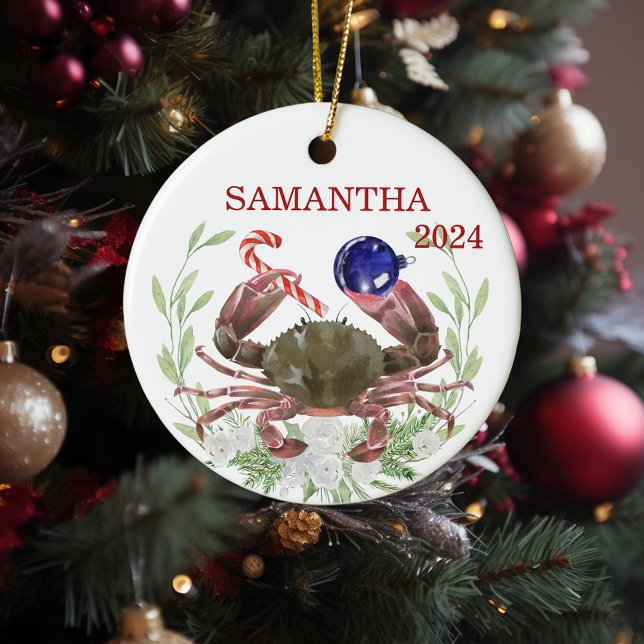 Crab Christmas Personalised Watercolor Crustacean Ceramic Ornament (Creator Uploaded)