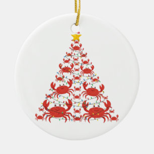 Crab Christmas Tree Santa Hat Christmas Lights Ceramic Ornament