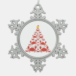 Crab Christmas Tree Santa Hat Christmas Lights Snowflake Pewter Christmas Ornament