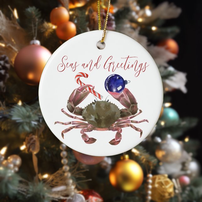 Crab Christmas Watercolor Crustacean  Ceramic Ornament (Creator Uploaded)