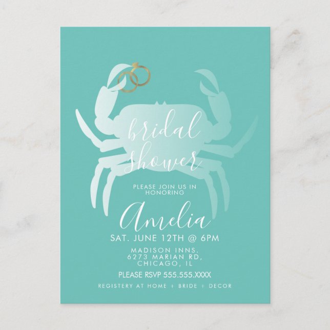 Crab Crustacean Teal Ocean Bridal Shower   Postcard (Front)