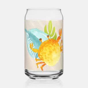 Crab Finds Seashell and Seaweed Can Glass