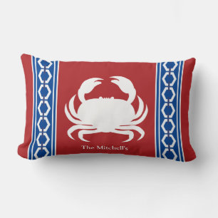 Crab Hexagon Trim Coastal Nautical Beach Boat Lumbar Cushion