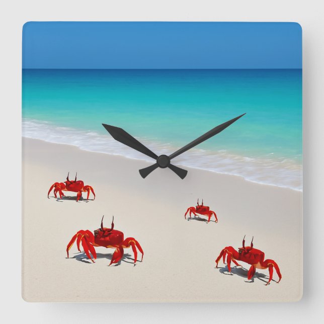 Crab Life Wall Clock – Square Beach Design 4 Crabs (Front)