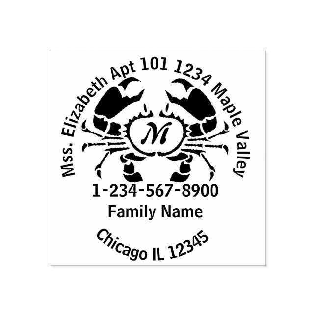 Crab Line Art Monogram Home Contact Info Rubber Stamp (Imprint)