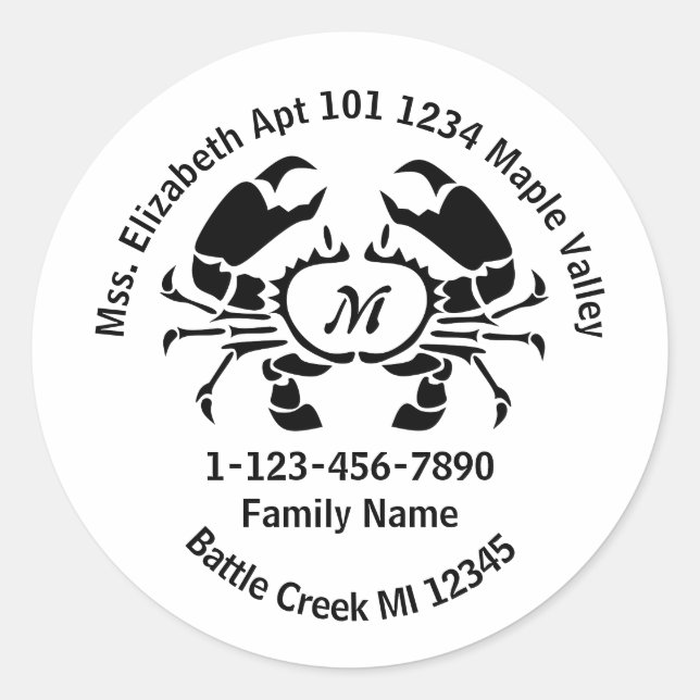 Crab Monogram Family Home Address Classic Round Sticker (Front)