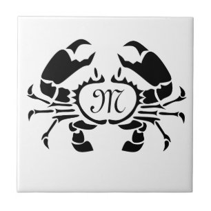 Crab Monogram in a Black Stencil Style Ceramic Tile