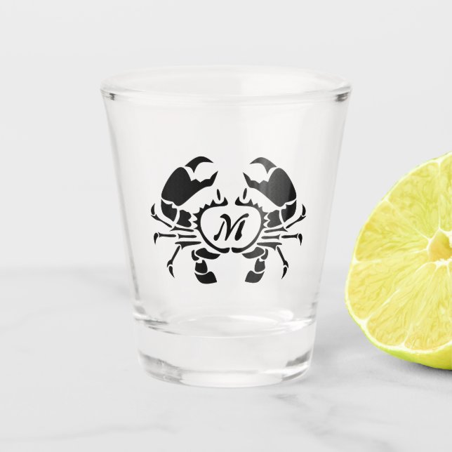 Crab Monogram in a Black Stencil Style Shot Glass (Front)