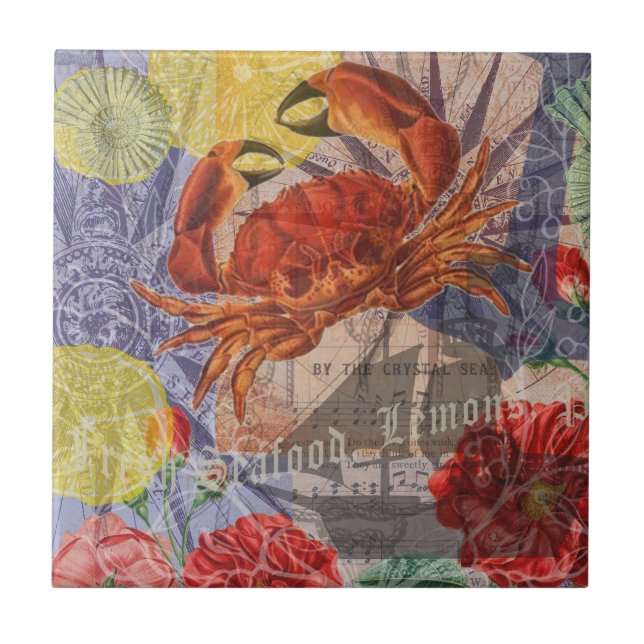 Crab Nautical Beach Seafood Art Ceramic Tile (Front)