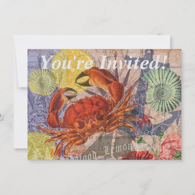 Crab Nautical Beach Seafood Art Invitation (Front)