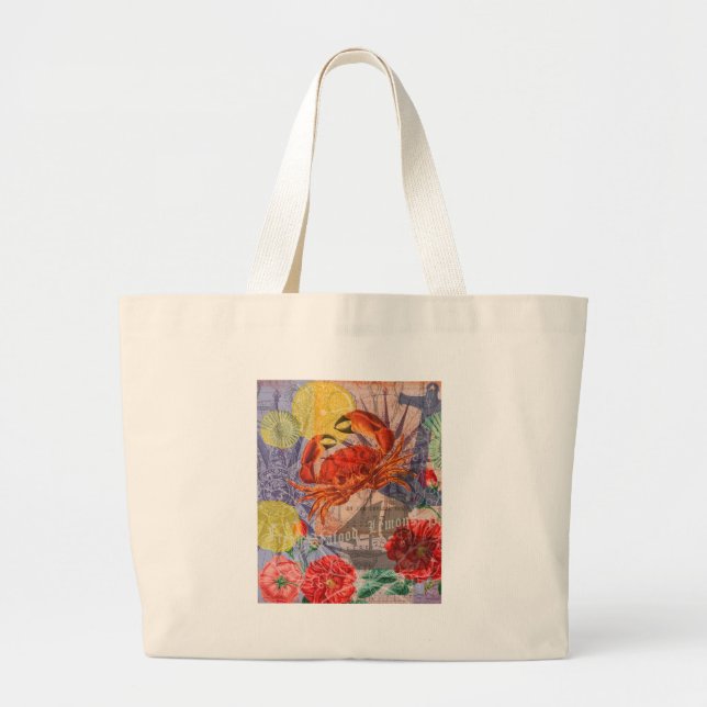 Crab Nautical Beach Seafood Art Large Tote Bag (Front)