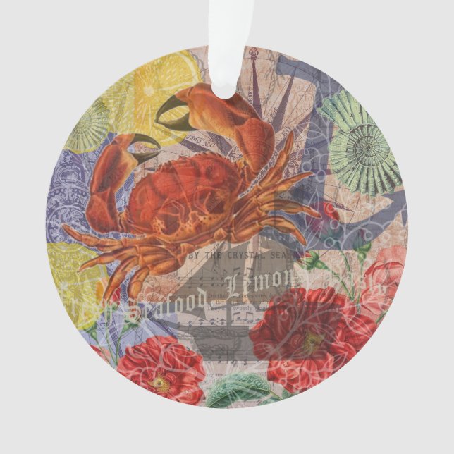Crab Nautical Beach Seafood Art Ornament (Front)