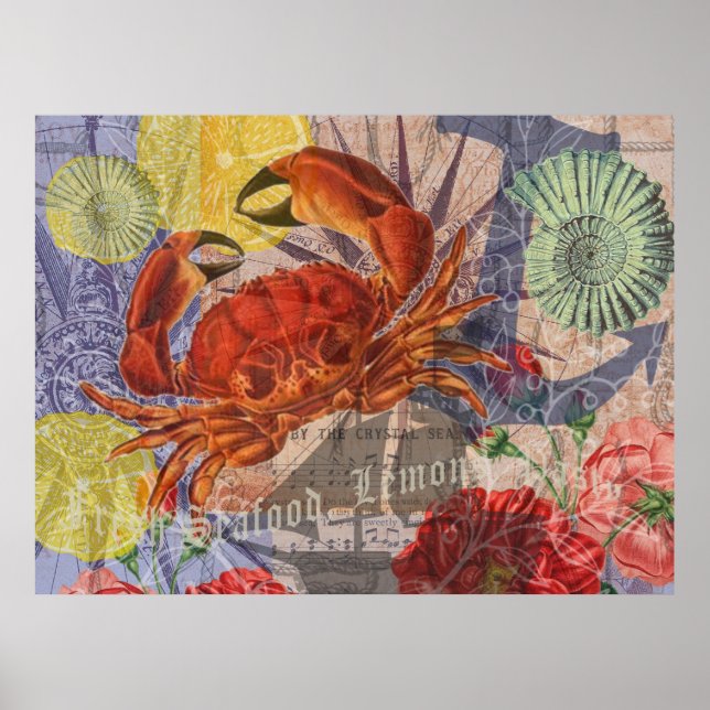 Crab Nautical Beach Seafood Art Poster (Front)