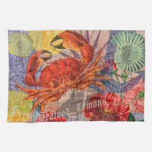 Crab Nautical Beach Seafood Art Tea Towel