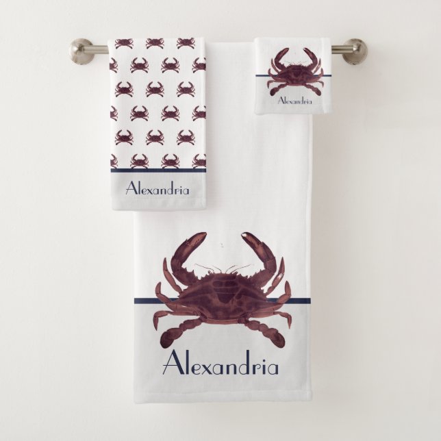 Crab Nautical Burgundy Maroon Red and Grey Bath To Bath Towel Set (Insitu)
