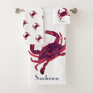 Crab Nautical Burgundy Maroon Red  Bath Towel Set