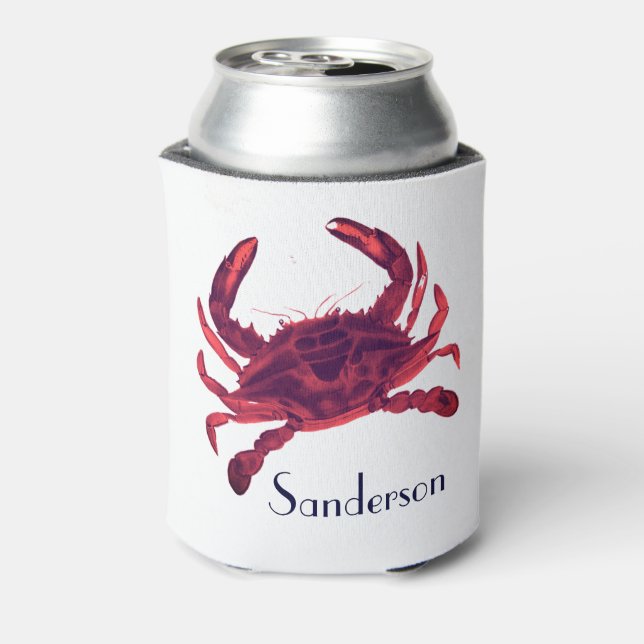 Crab Nautical Burgundy Maroon Red Can Cooler (Can Back)