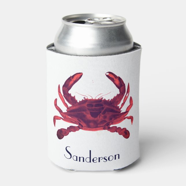 Crab Nautical Burgundy Maroon Red Can Cooler (Can Front)