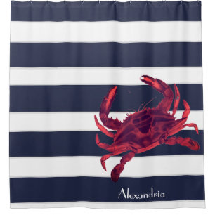 Crab Nautical Burgundy Maroon Red Grey Navy Blue Shower Curtain