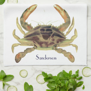 Crab Nautical Coastal Tan Khaki Sandy  Tea Towel