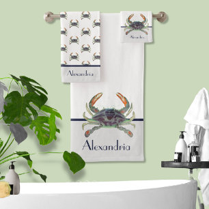 Crab Nautical Green and Grey  Blue Bath Towel Set