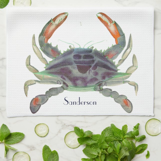 Crab Nautical Grey Blue and Green Tea Towel (Folded)